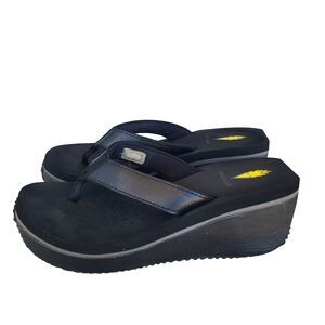 Volatile Black Platform Flip Flops Wedge Sandals Sz 9 Leather Flame Logo Y2k VTG